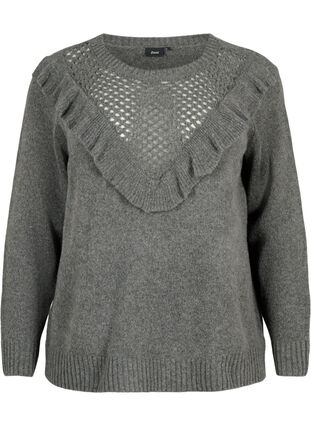 Welniany sweter z dzianiny z falbana, Dark Grey Melange, Packshot image number 0