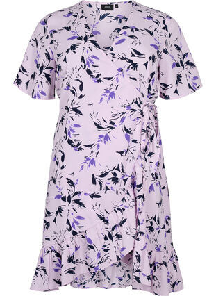 Kopertowa sukienka z wzorem kwiatów i krótkimi rekawami, Purple AOP, Packshot image number 0