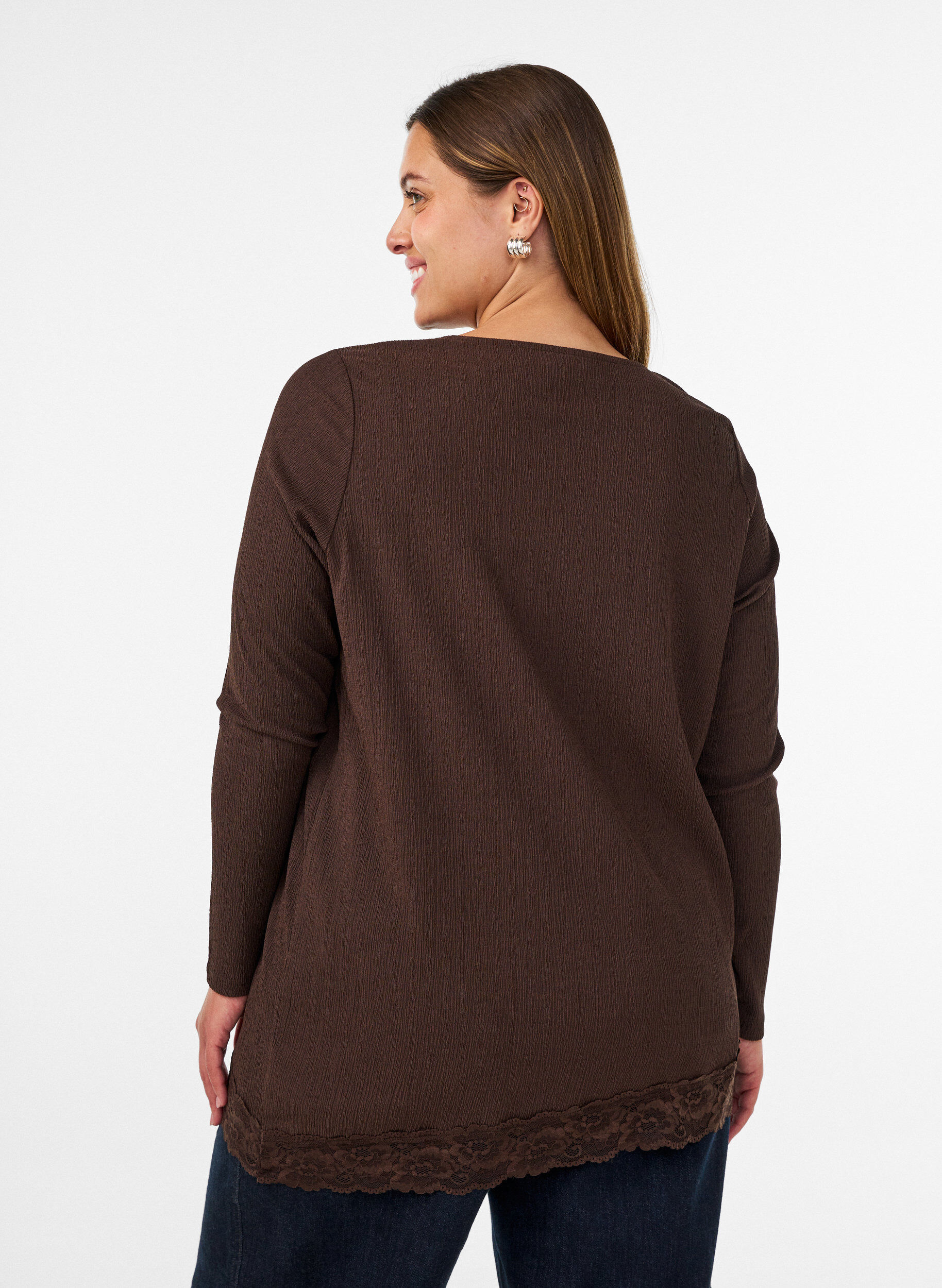 ZizziBluzka z jerseyu z asymetrycznym wykonczeniem koronkowym, Brązowy, Model image number 2
