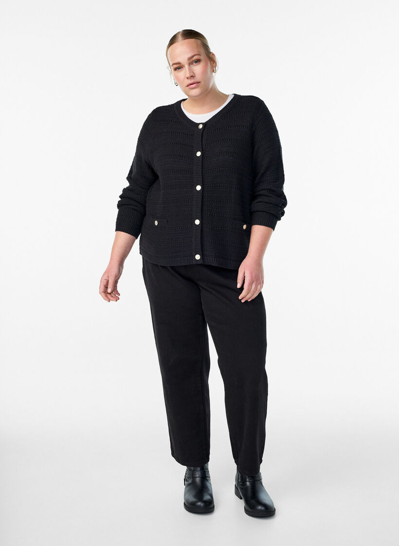 Kardigan z dzianina strukturalna i ozdobnymi guziki, Czarne, Model image number 1