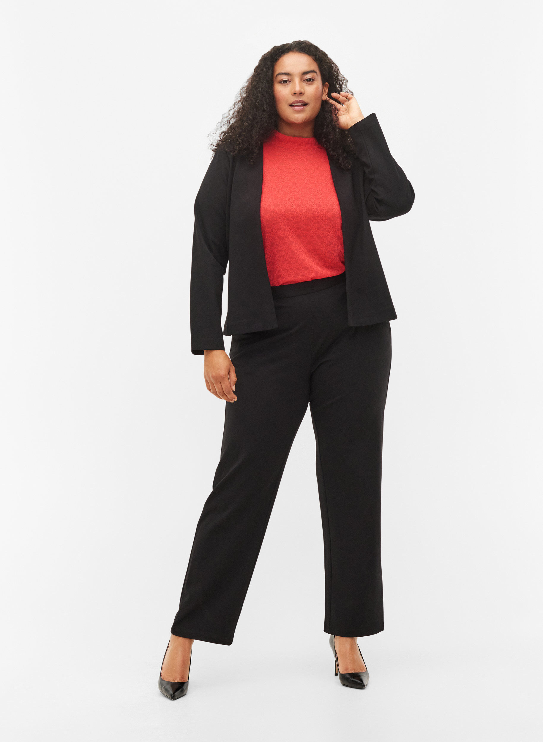 Zizzi Dopasowana koronkowa bluzka z dlugimi rekawami, Hibiscus, Model image number 2