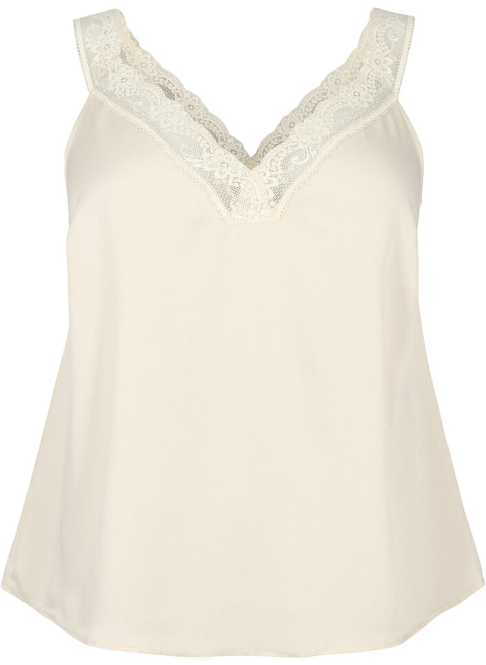 FLASH - Top z dekoltem w serek i koronkowym obszyciem, Fog, Packshot image number 0