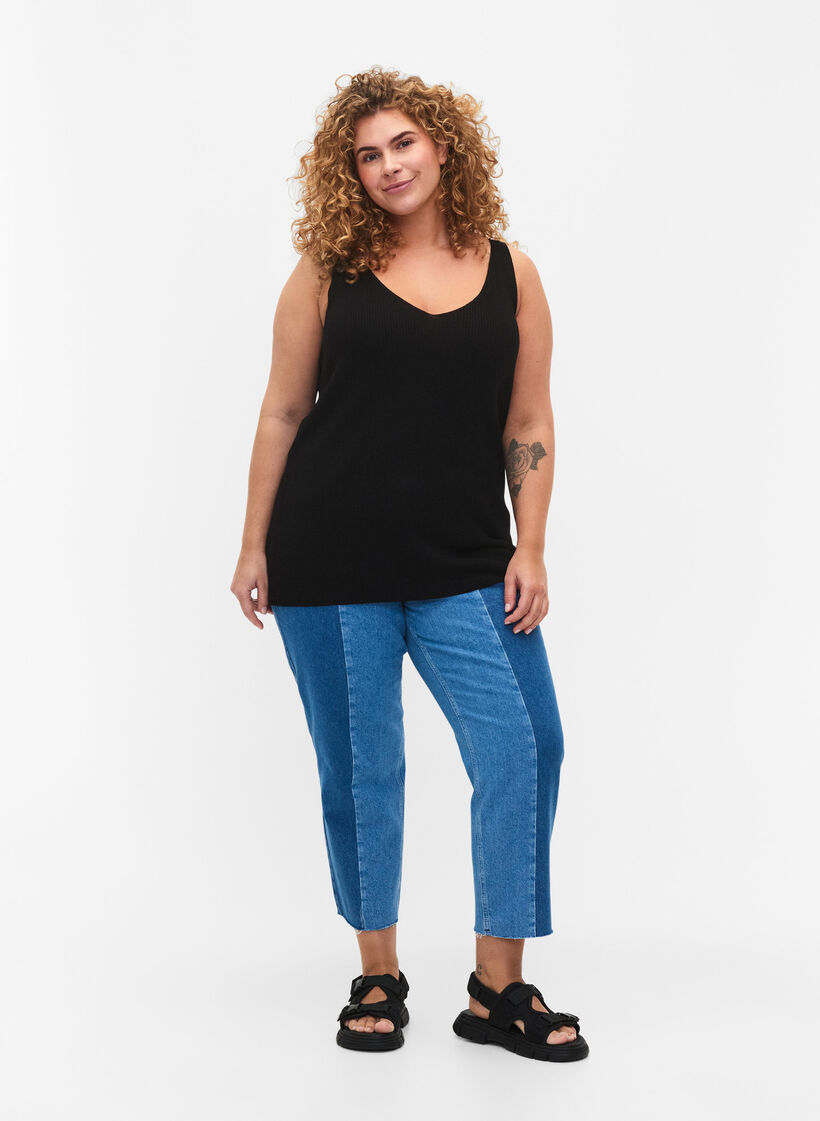 Dzianinowy top z dekoltem w szpic, Black, Model image number 2