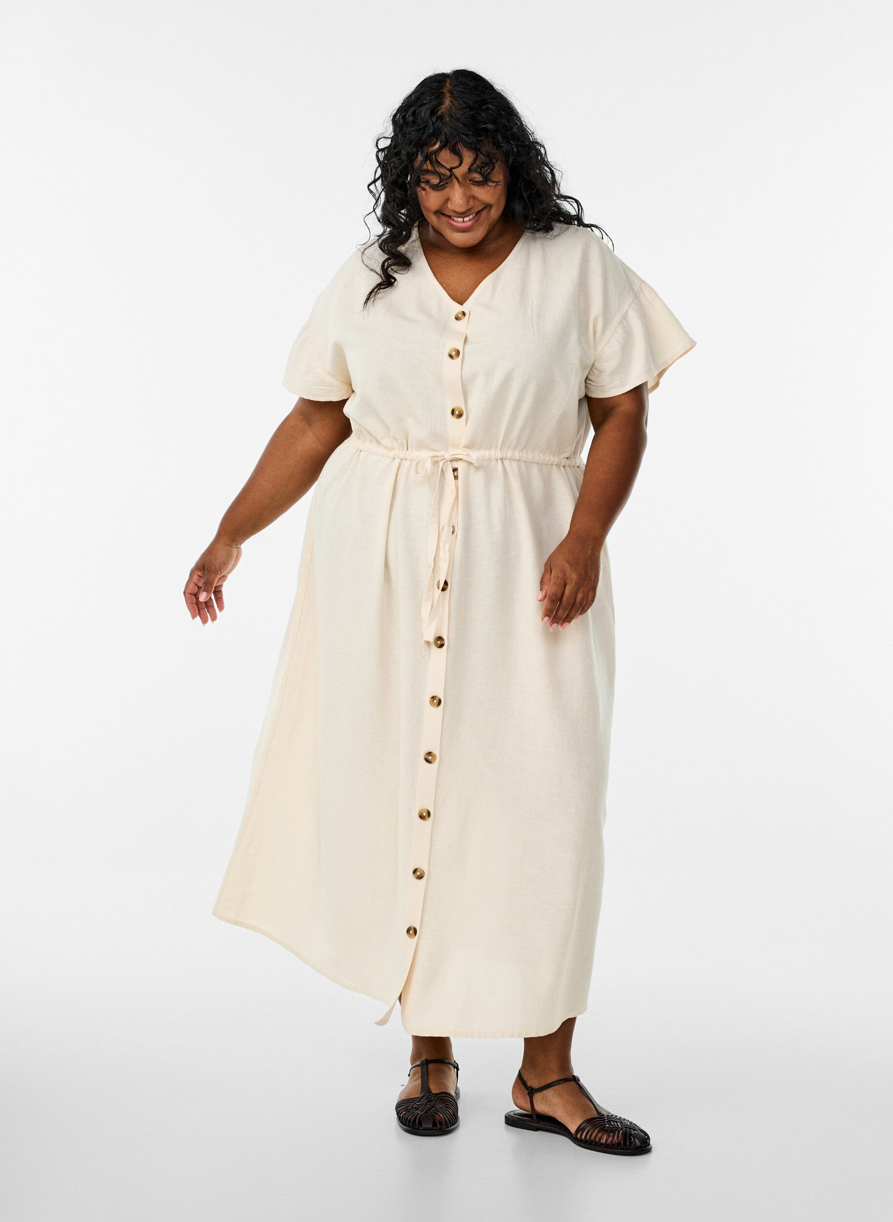 Sukienka maxi z guzikami i wiazanym paskiem, Biały, Model