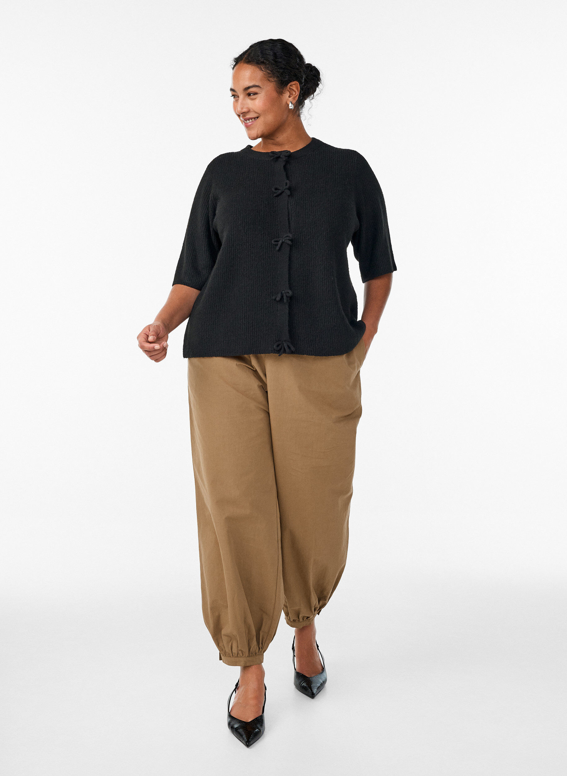 Zizzi Spodnie balonowe z bawelny z wysokim stanem, Brązowy, Model image number 0