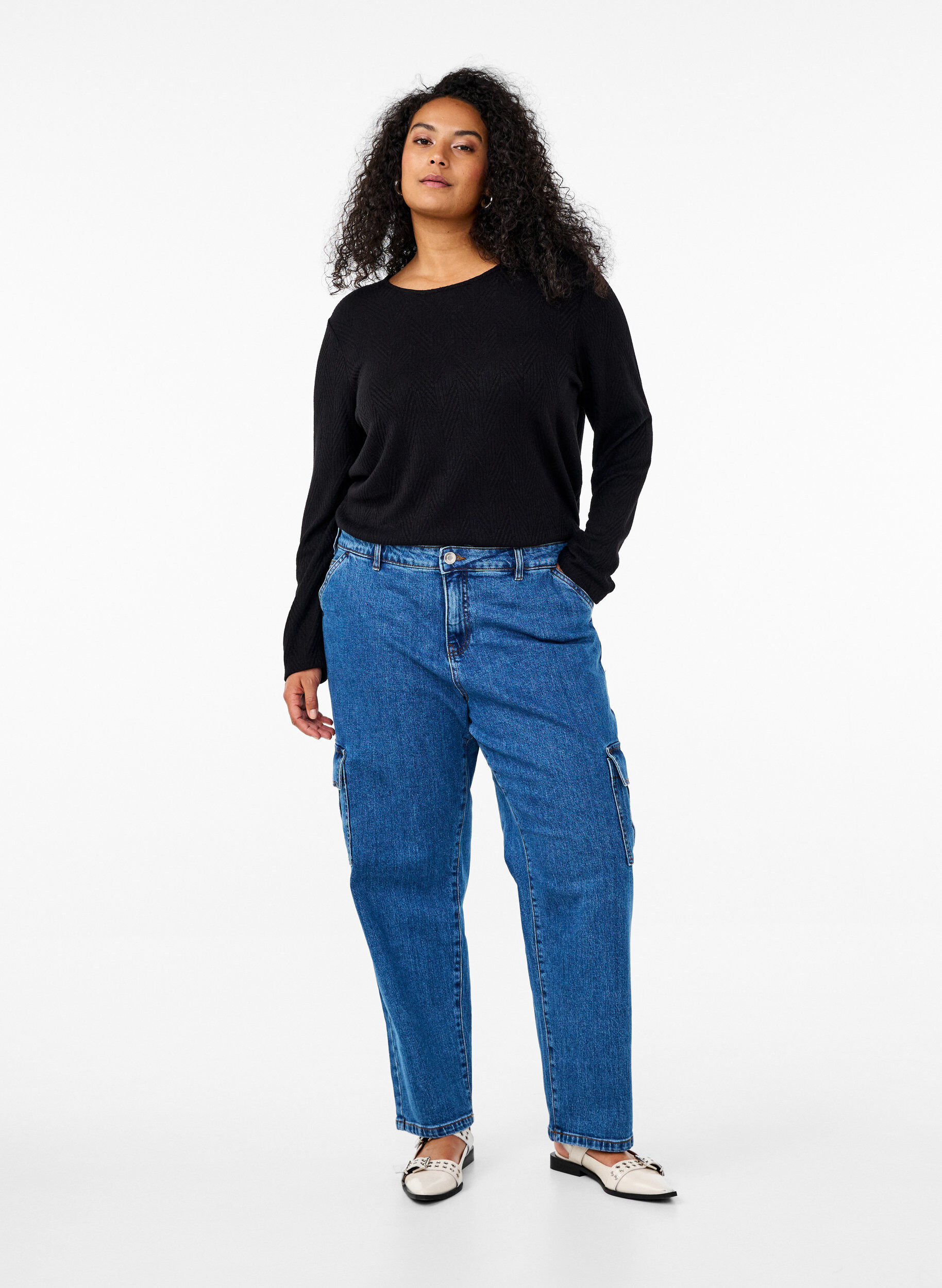 Zizzi Wzorzysta bluzka z dlugimi rekawami, Czarne, Model image number 1