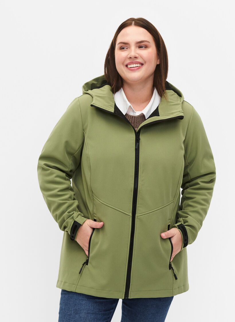 Krótka kurtka softshell z kieszeniami, Oil Green, Model image number 0