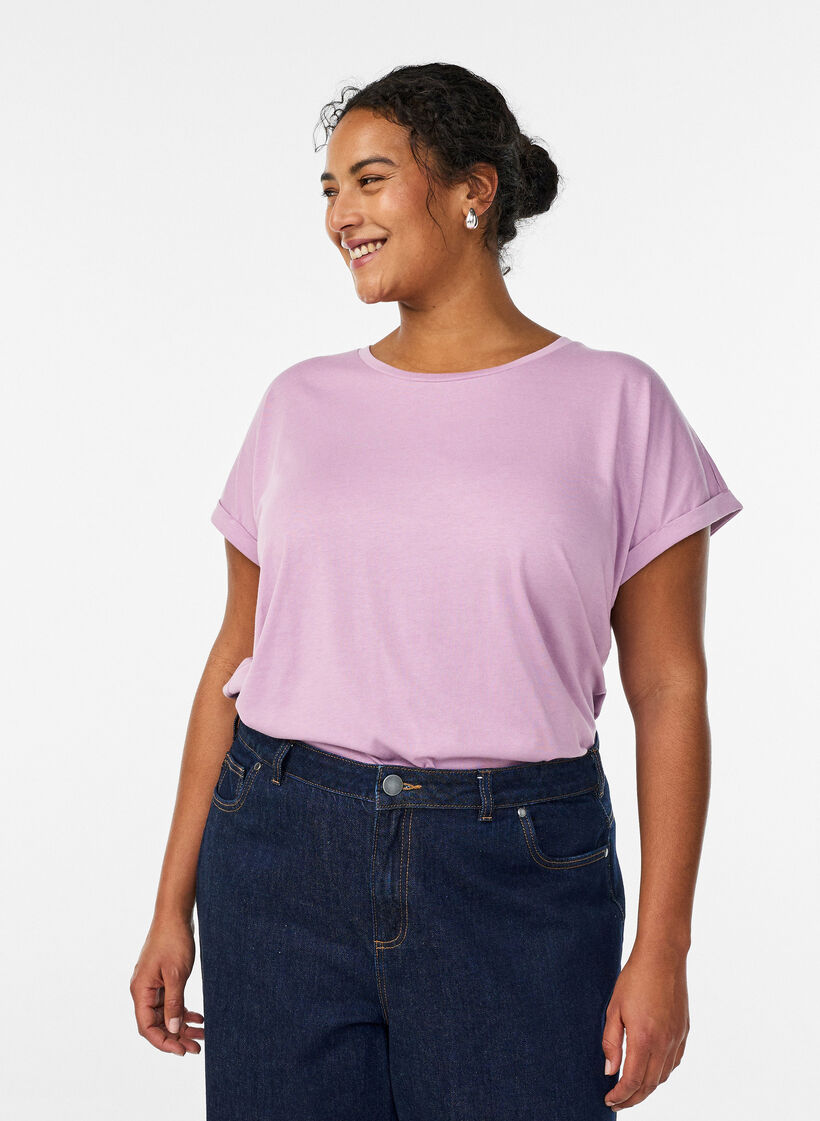 T-shirt z kr&oacute;tkim rekawem w mieszance bawelny, Fioletowy, Model image number 0