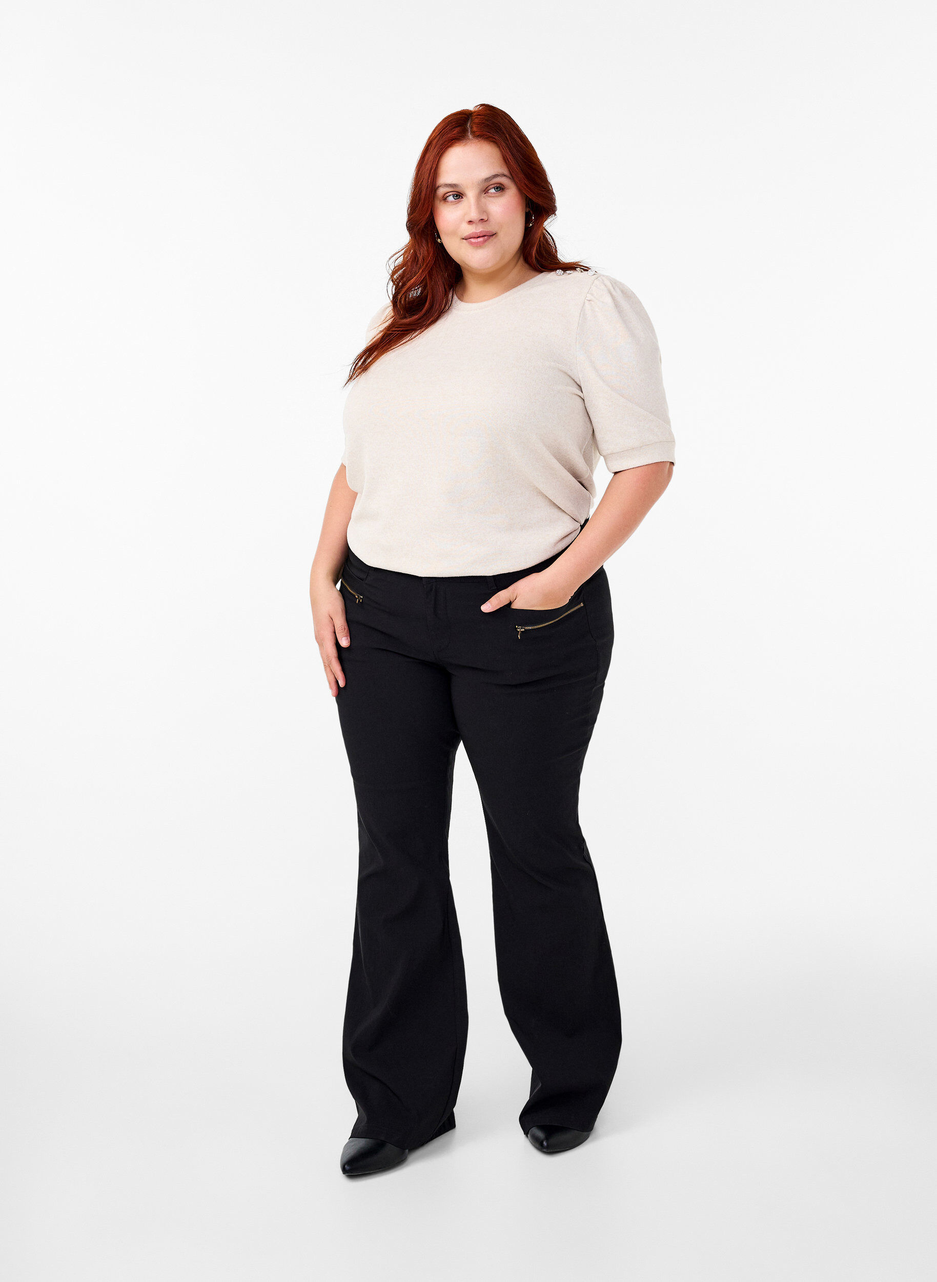 Zizzi Bluzka z guzikami i kr&oacute;tkimi bufiastymi rekawami, Beżowy, Model image number 1