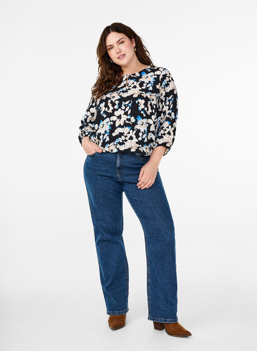 Bluzka z wiskozy z nadrukiem w kwiaty i marszczeniem, Czarne, Model image number 1