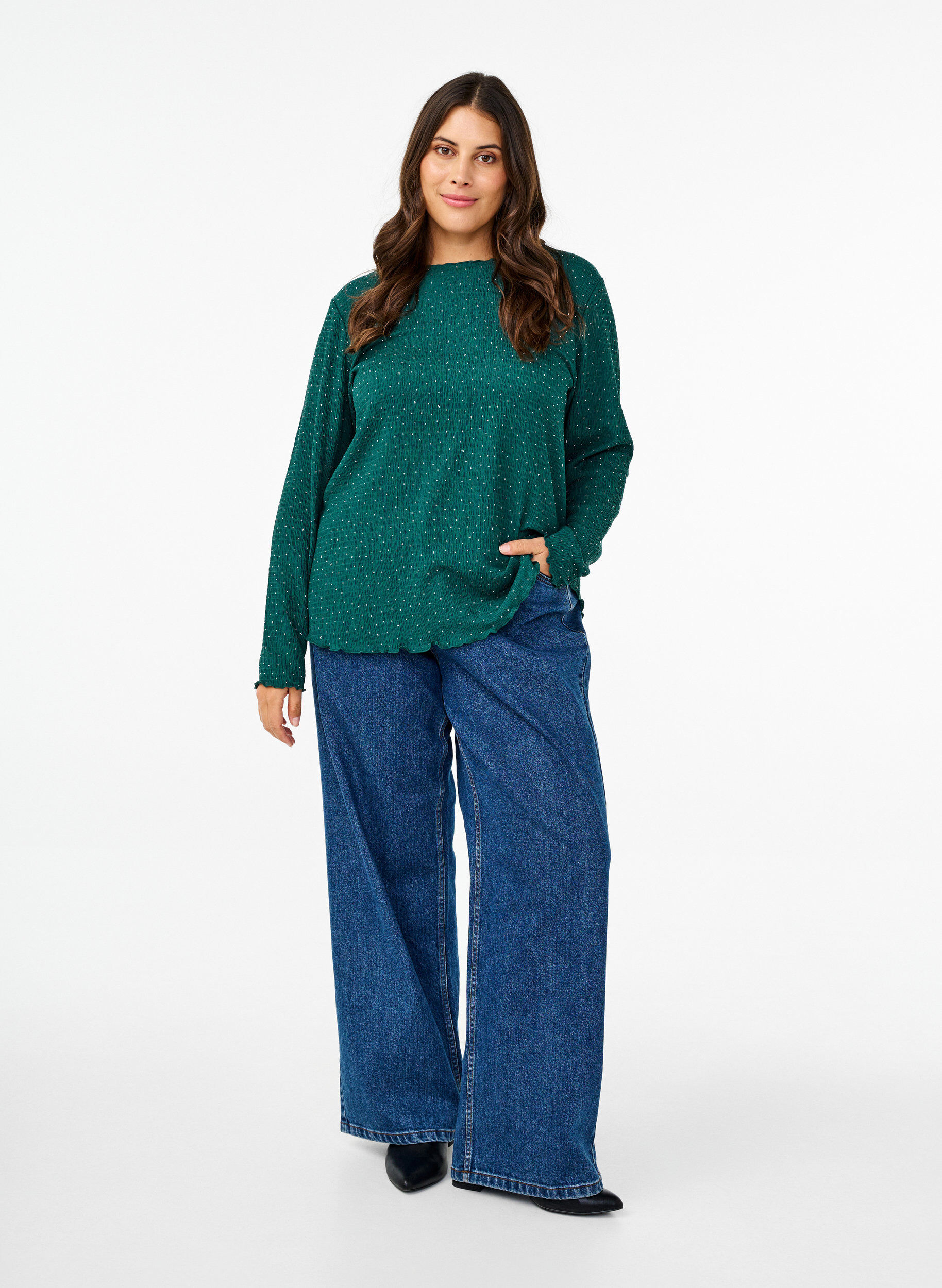 Zizzi Bluzka z dlugimi rekawami ozdobiona dzetami, Zielony, Model image number 1