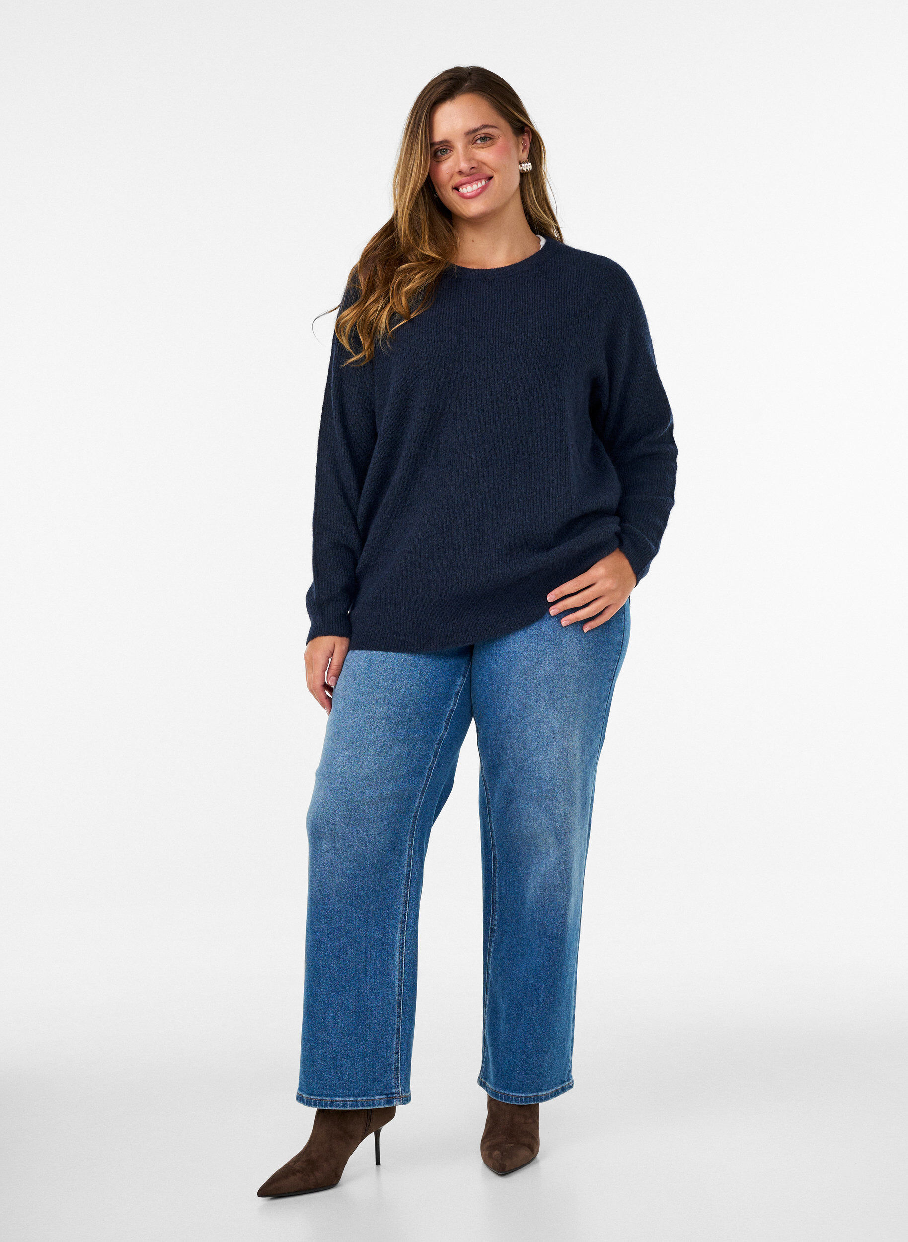 ZizziMelanzowa bluzka z dzianiny z okraglym dekoltem, Niebieskie, Model image number 1