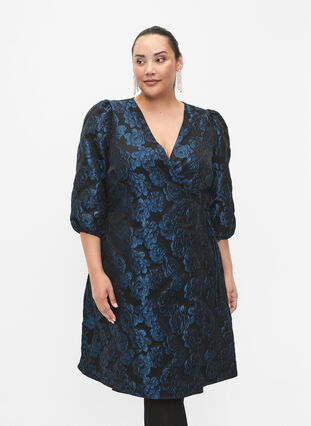 Zakardowa kopertowa sukienka z rekawem 3/4, Black Blue, Model image number 0
