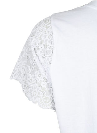Bawelniany t-shirt z krótkimi, koronkowymi rekawami, Bright White, Packshot image number 3