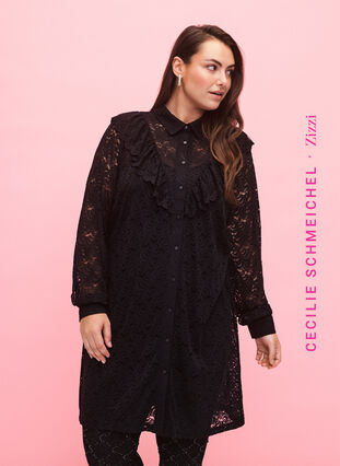 Koronkowa sukienka koszulowa z falbankami, Black, Model image number 0