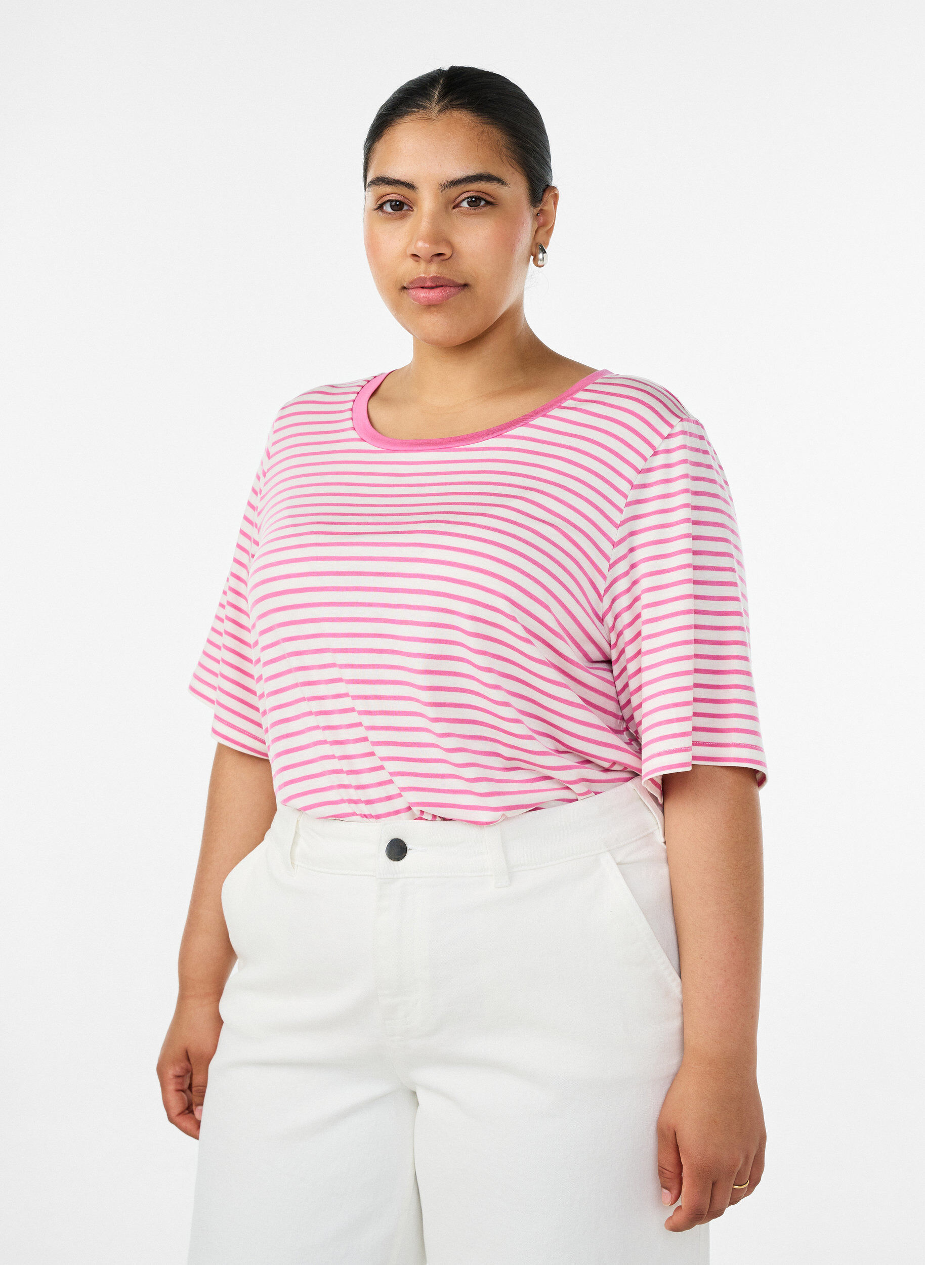 ZizziKoszulka z TENCEL&trade; Lyocell i paskami, R&oacute;żowy, Model image number 0