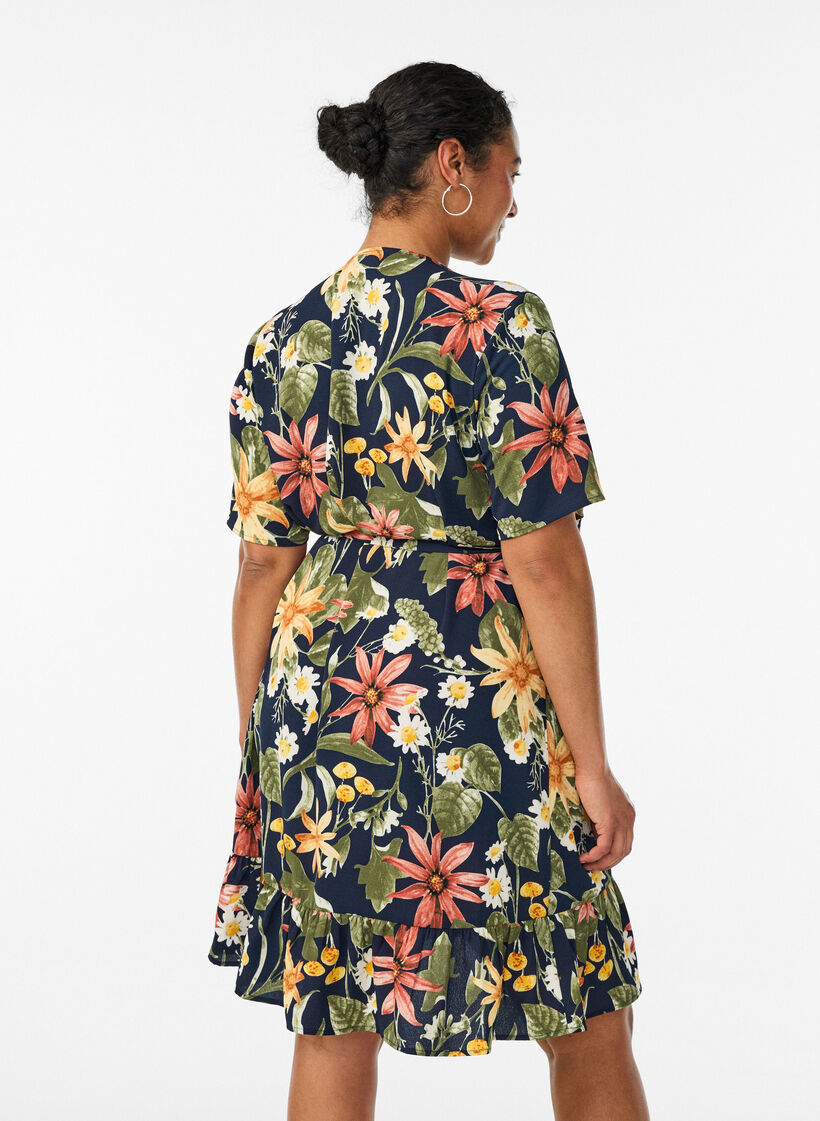 Kopertowa sukienka z wzorem kwiat&oacute;w i kr&oacute;tkimi rekawami, Niebieskie, Model image number 2