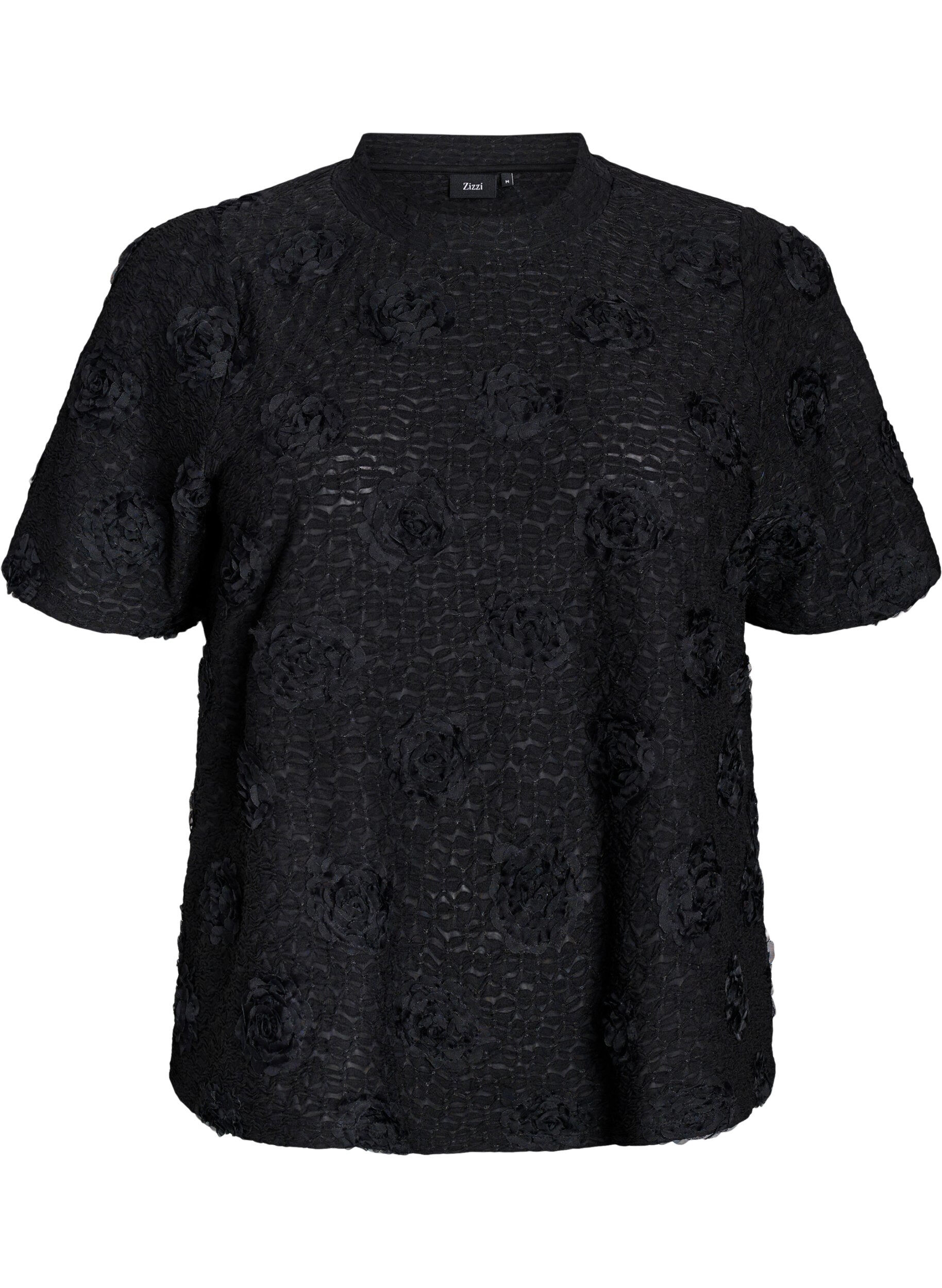Zizzi Bluzka z kwiatami 3D i kr&oacute;tkimi rekawami, Czarne, Packshot image number 0