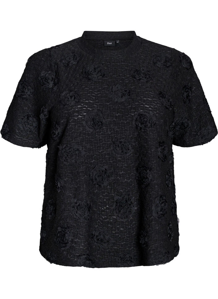 Bluzka z kwiatami 3D i krótkimi rekawami, Czarne, Packshot image number 0