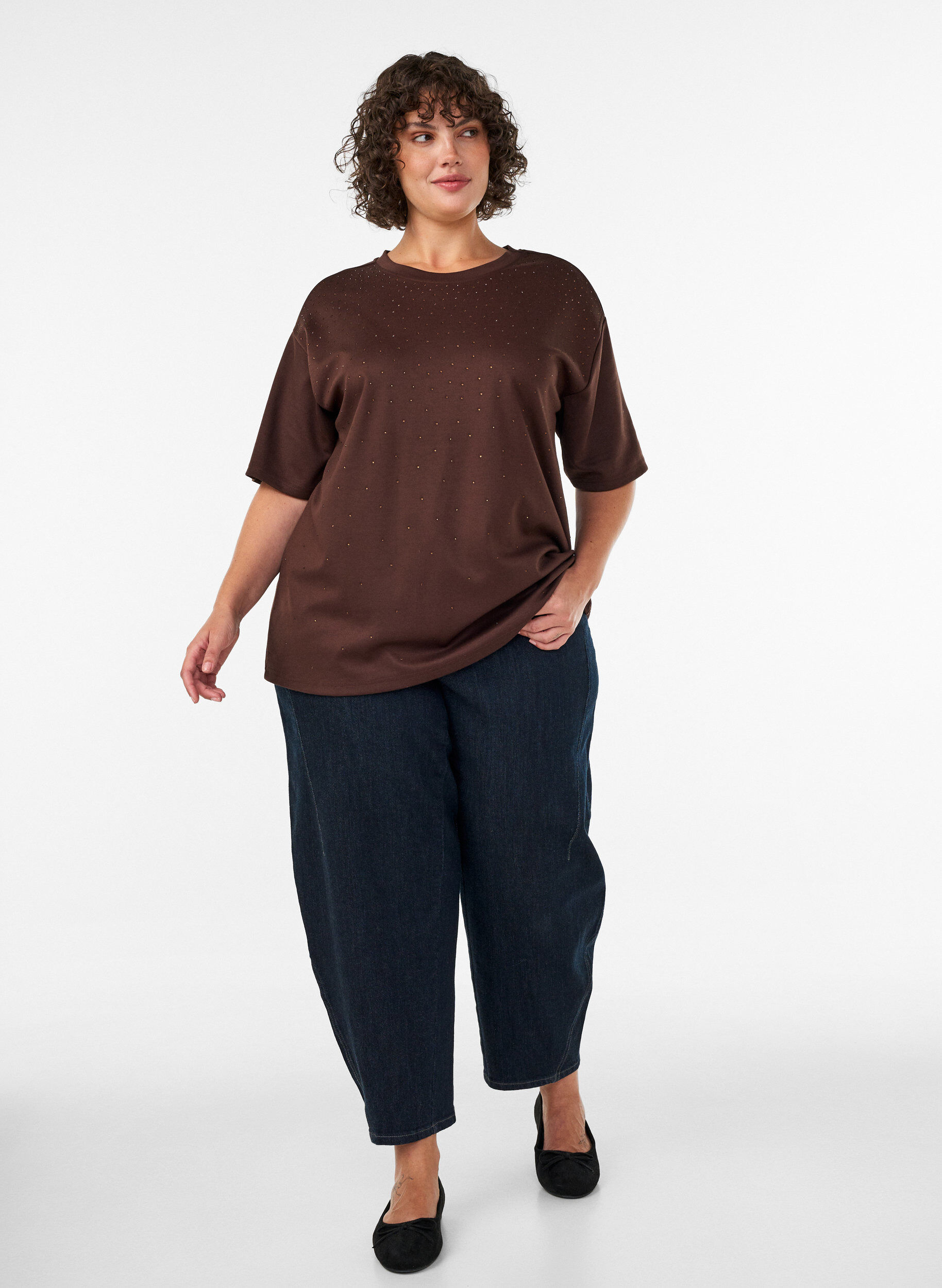 ZizziT-shirt z dzetami i okraglym dekoltem, Brązowy, Model image number 1