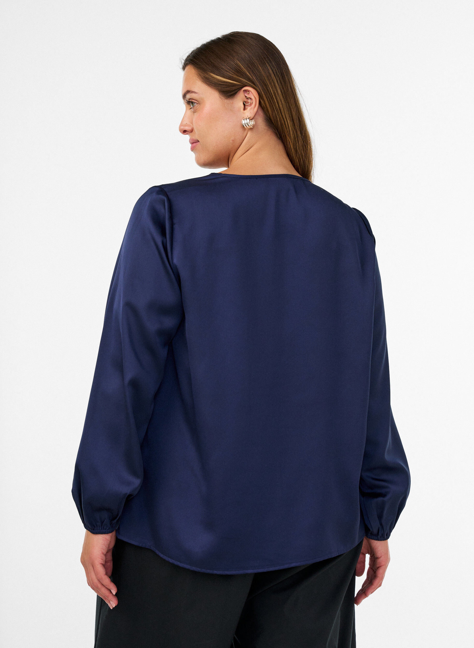 ZizziSatynowa bluzka z koronkowa aplikacja i perelkami, Niebieskie, Model image number 2