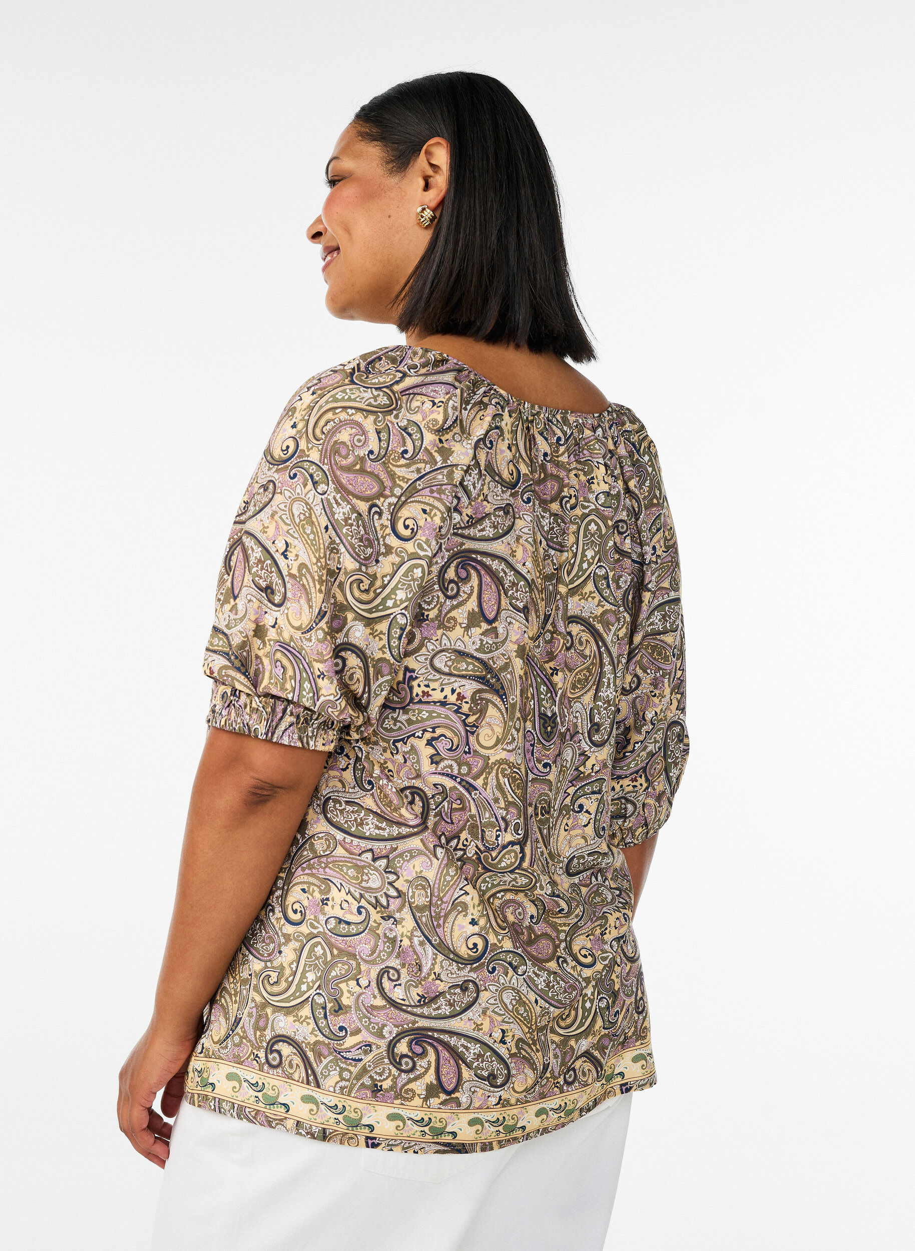 ZizziBluzka z wiskozy z nadrukiem w paisley i wiazaniem, Ż&oacute;łty, Model image number 2