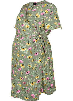 Kopertowa sukienka ciazowa z wiskozy, Green Flower Print, Packshot image number 0