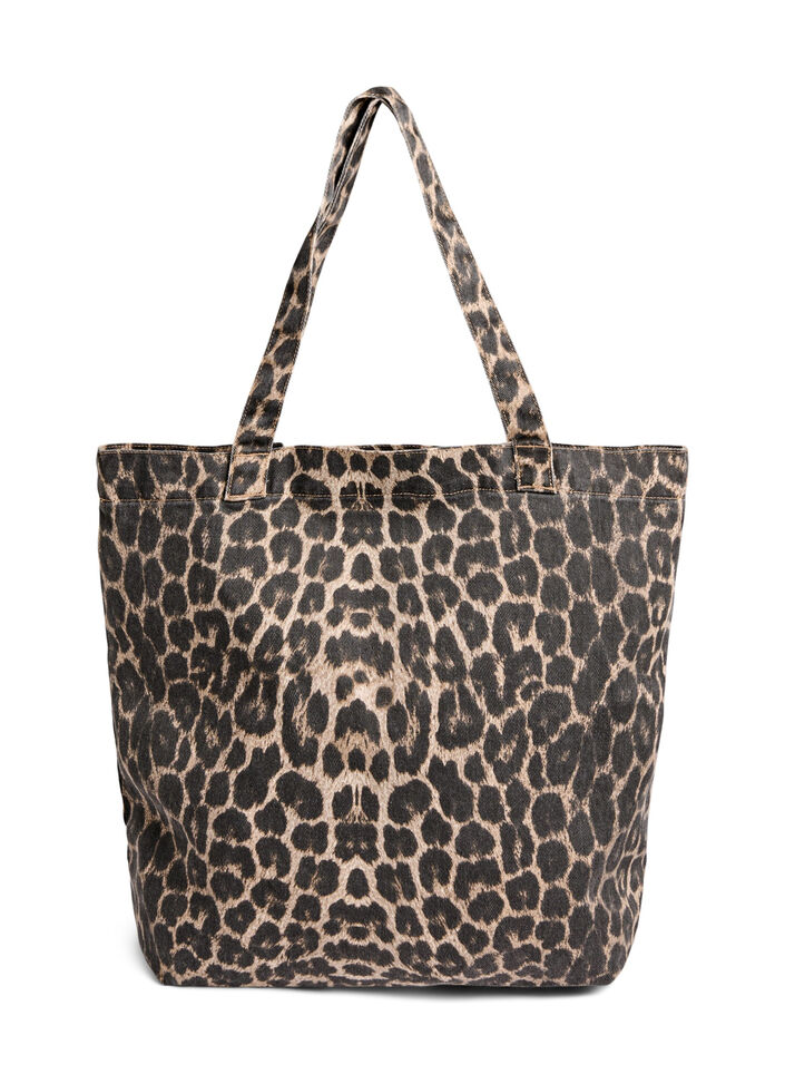 Denimowa torba shopper w panterke, Brązowy, Packshot image number 0