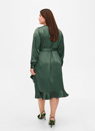 Satynowa sukienka kopertowa z dlugim rekawem, Duck Green, Model image number 1