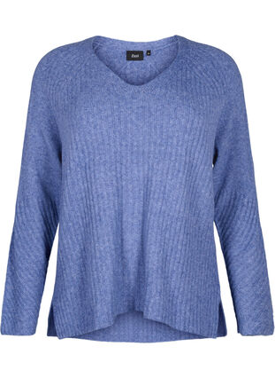 Dzianinowy sweter z rozcieciem, Gray Blue Mel., Packshot image number 0