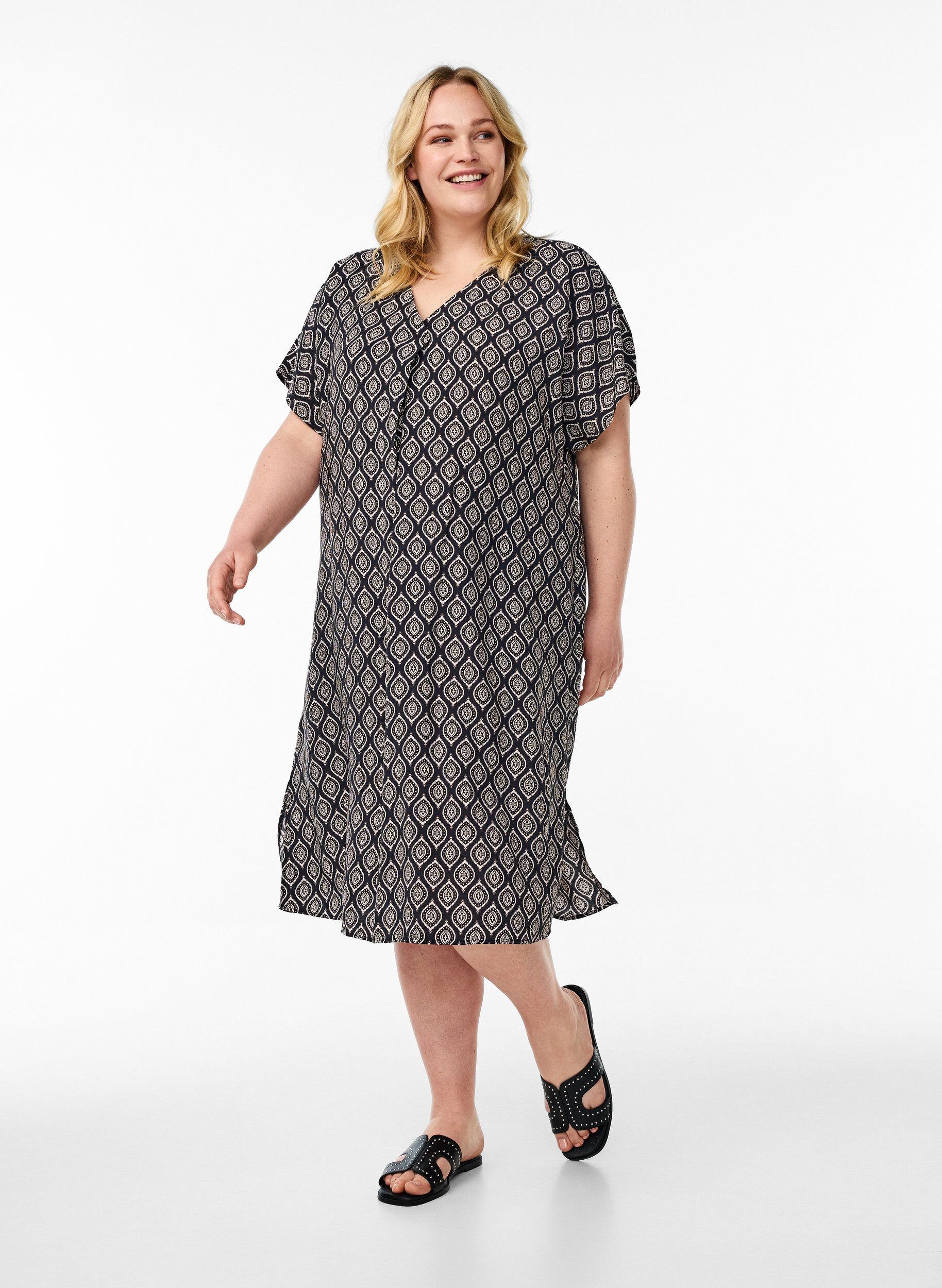 Zizzi Wiskozowa sukienka z dekoltem w szpic, Niebieskie, Model image number 1