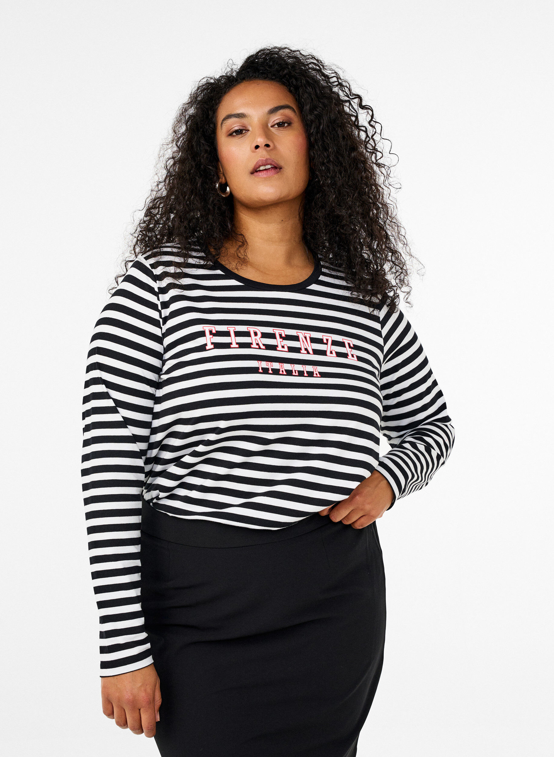 Zizzi Bluzka w paski z motywem, White w.Black Stripe, Model image number 0