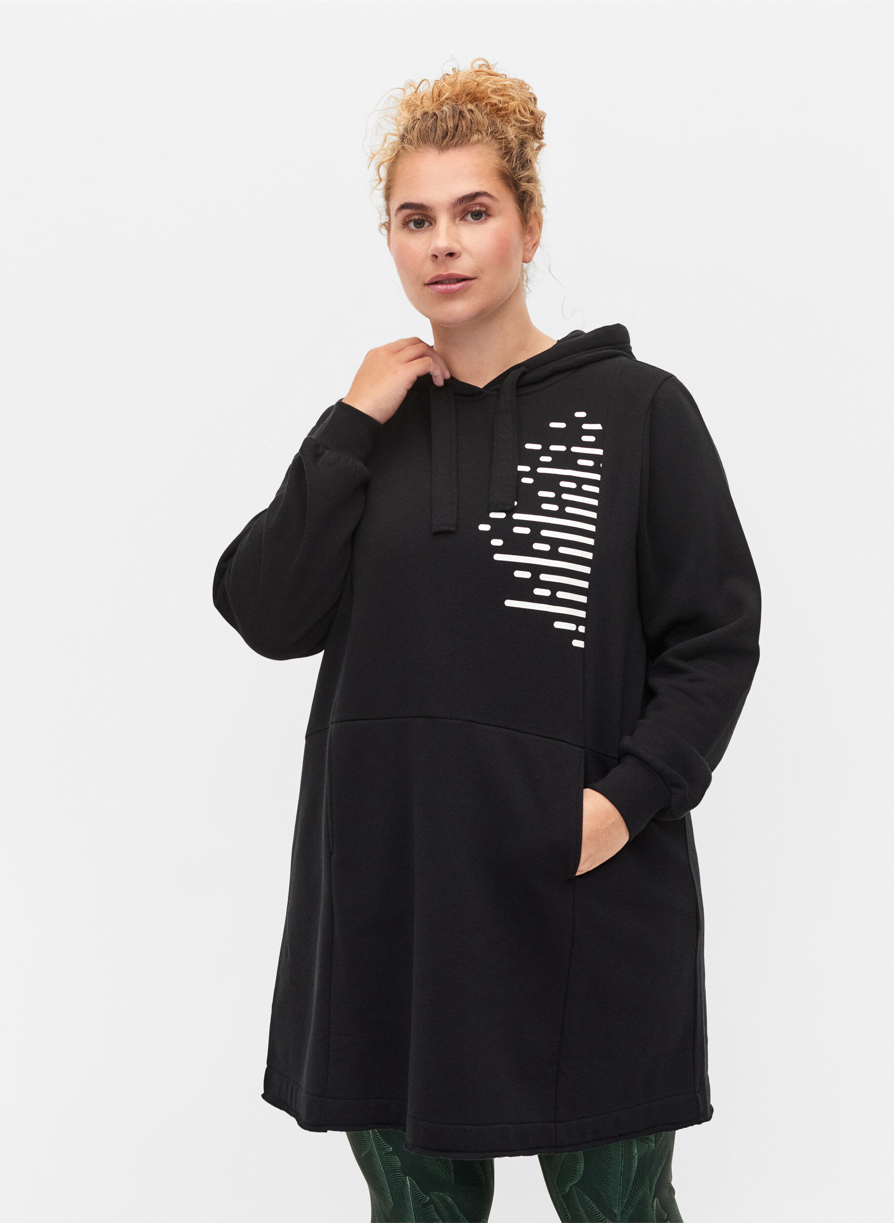 Zizzi Long sweatshirt with hood and pockets, Black, Model image number 0
