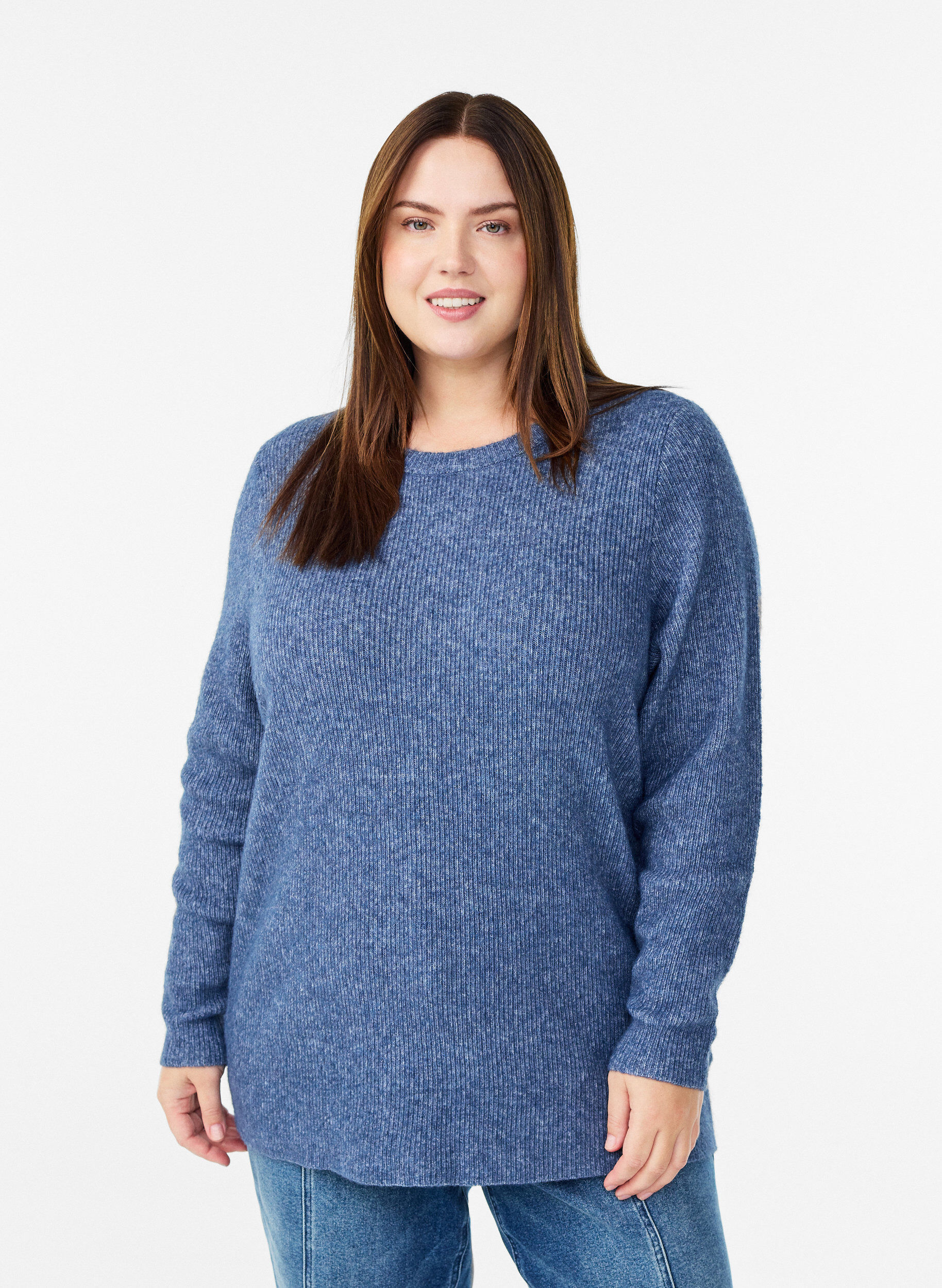 Melanzowa dzianinowa bluzka z okraglym dekoltem, Niebieskie, Model