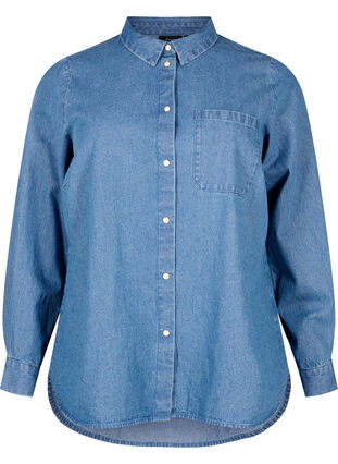 Jeansowa koszula w kwiaty z kieszenia na piersi, Light Blue Denim, Packshot image number 0
