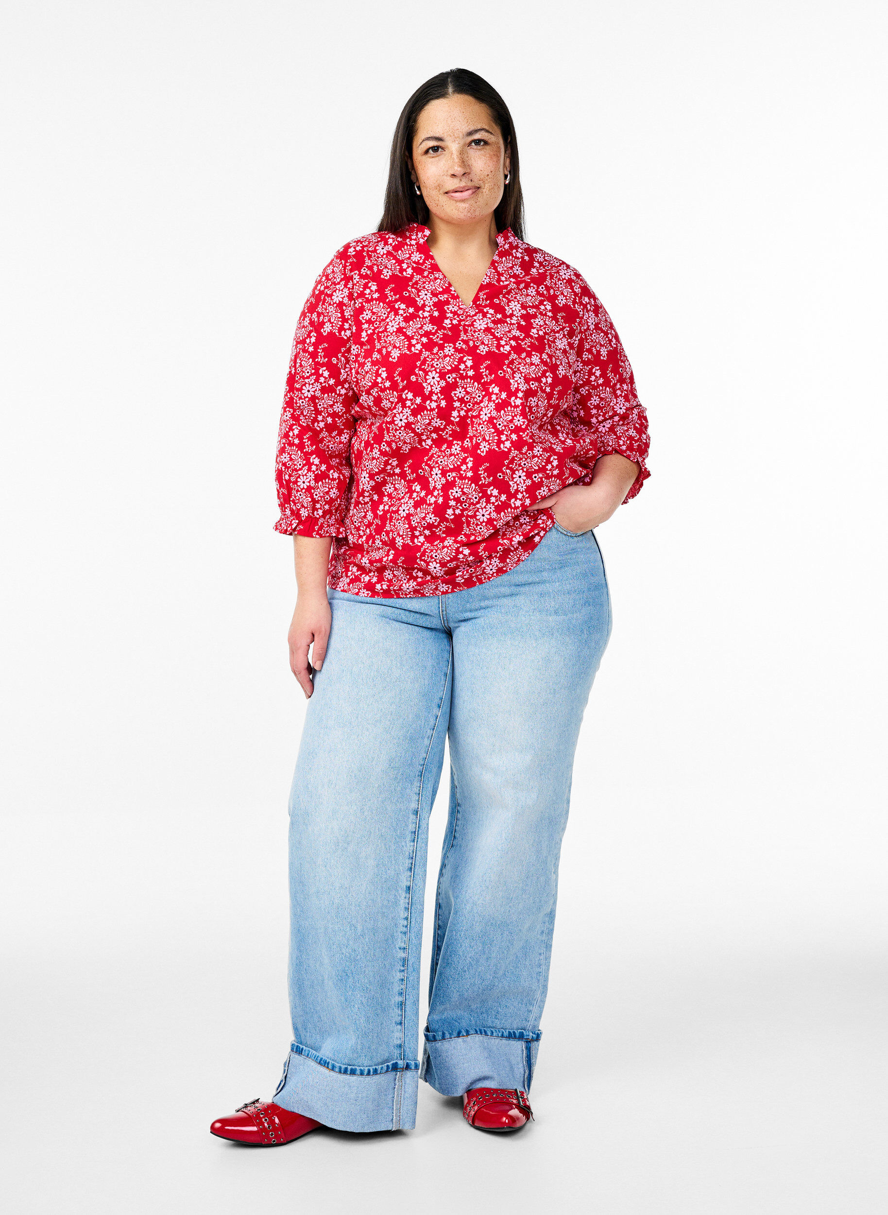 Zizzi Bawelniana bluzka z kwiatowym nadrukiem, Czerwony, Model image number 1