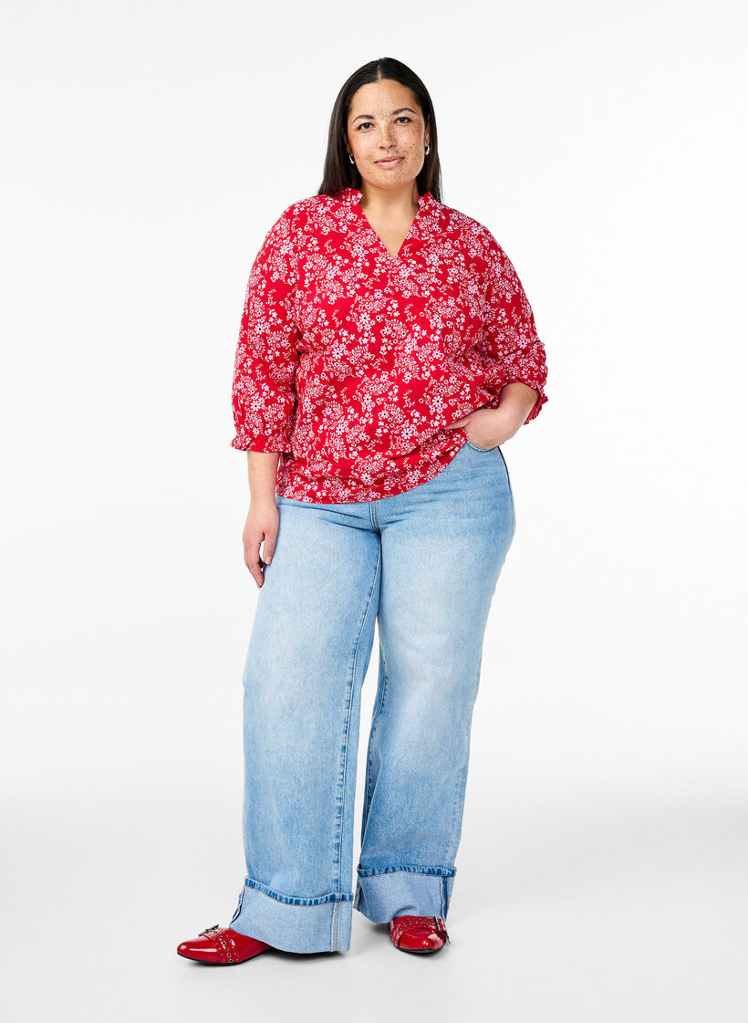 Bawelniana bluzka z kwiatowym nadrukiem, Czerwony, Model image number 1