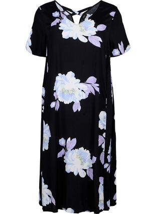 Wiskozowa sukienka w kwiaty z krótkimi rekawami, Black Big Flower AOP, Packshot image number 0