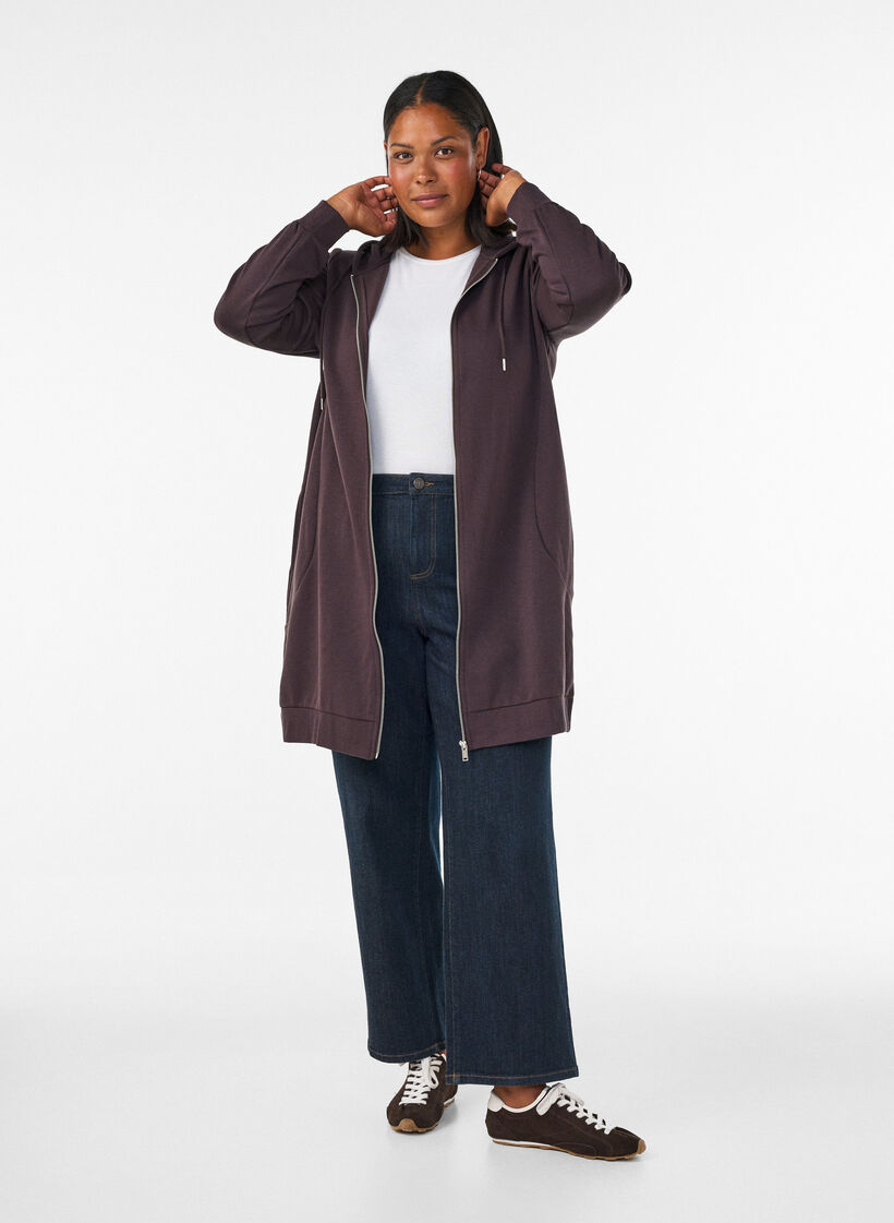 Dluga bluza z kapturem, zamkiem blyskawicznym i kieszeniami, Brązowy, Model image number 1