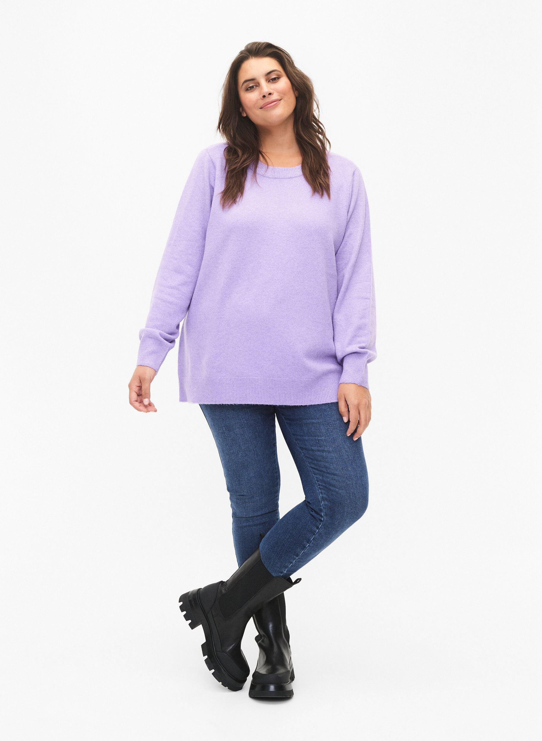 Zizzi Sweter z dlugim rekawem i okraglym dekoltem, Bougainvillea Mel., Model image number 1