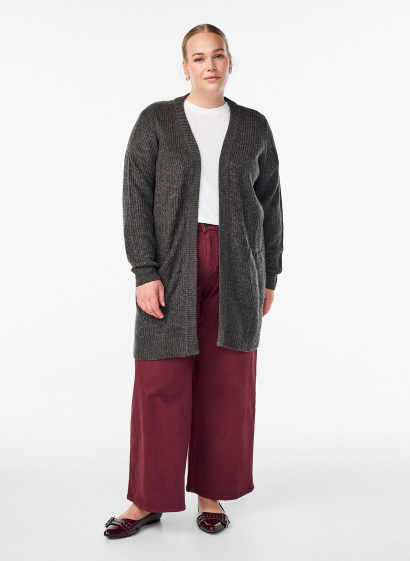 FLASH - Dlugi prazkowany kardigan z kieszeniami, Ciemnoszary, Model image number 1