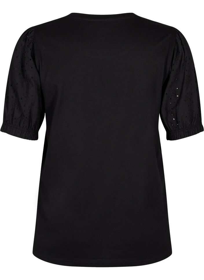  Bluzka z bawelny organicznej z rekawami z haftem angielskim, Black, Packshot image number 1