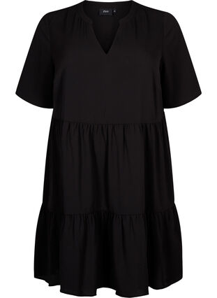 Rozszerzana, odcinana sukienka z krótkim rekawem, Black, Packshot image number 0