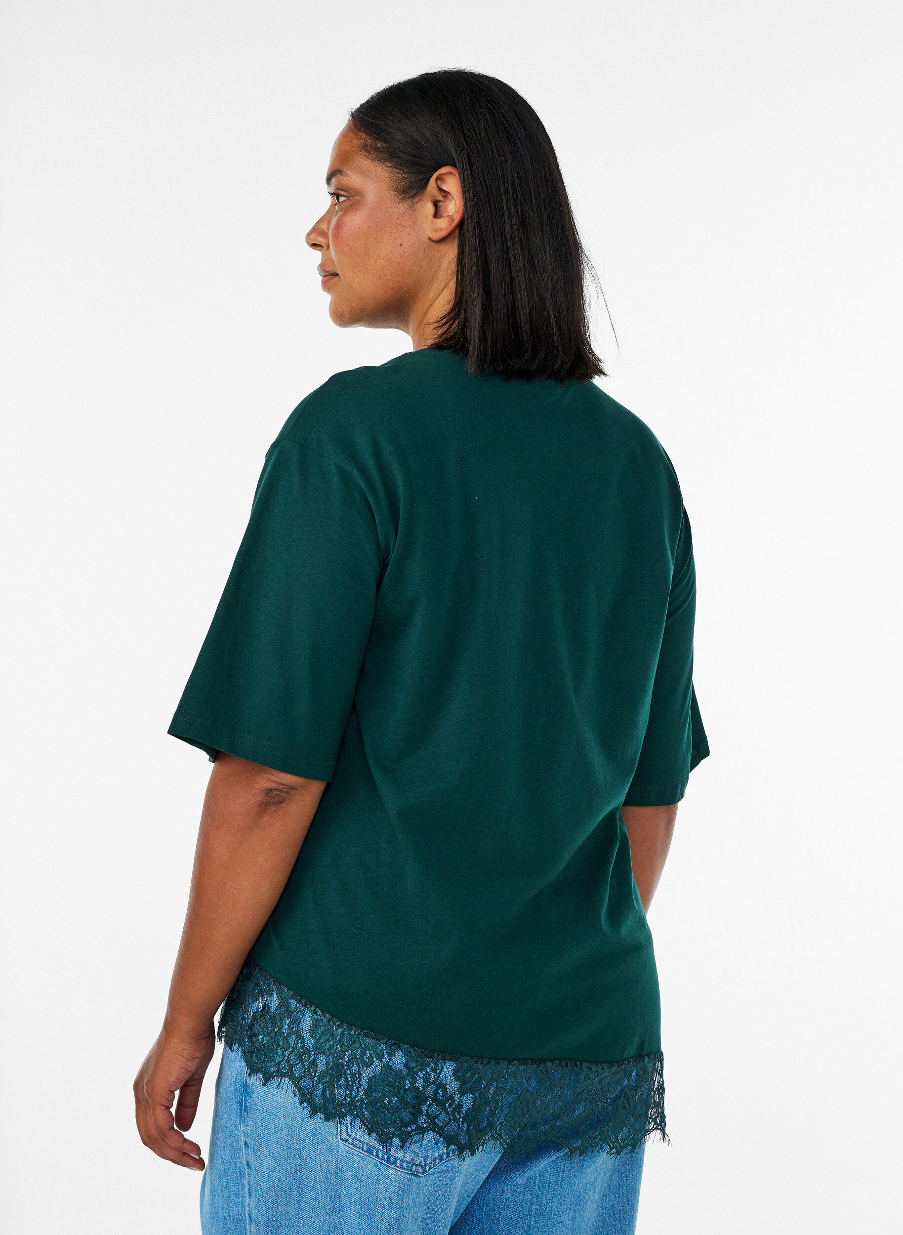 ZizziT-shirt z asymetrycznym koronkowym wykonczeniem, Zielony, Model image number 2