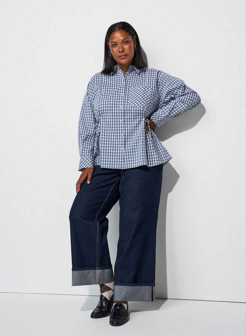 Luzna koszula z kratka i paskiem do wiazania, Niebieskie, Model image number 1