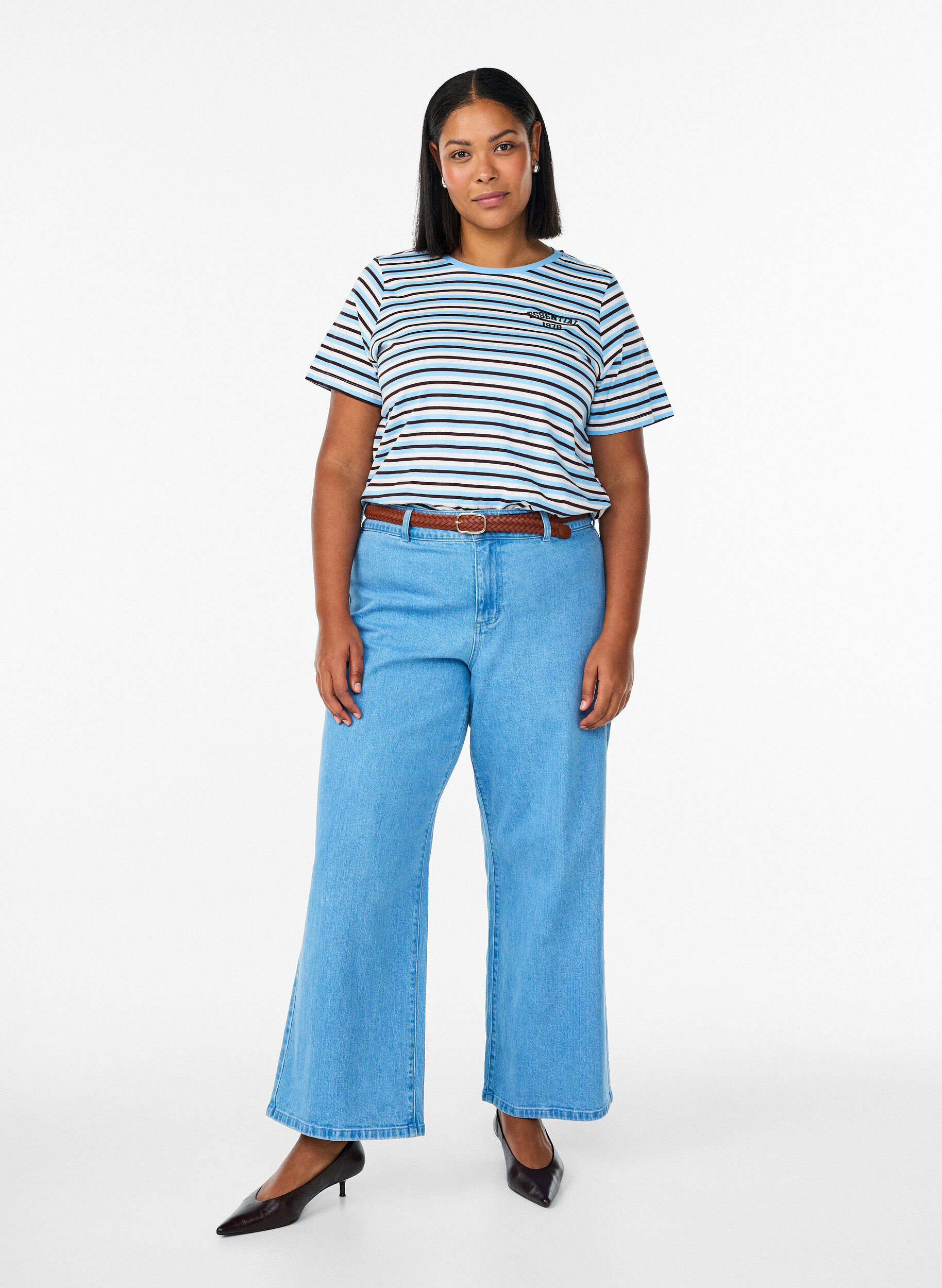 Zizzi Bawelniana T-shirt w paski, Niebieskie, Model image number 1