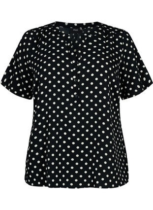 Bluzka z krótkim rekawem i dekoltem w serek, Black w. Dots, Packshot image number 0