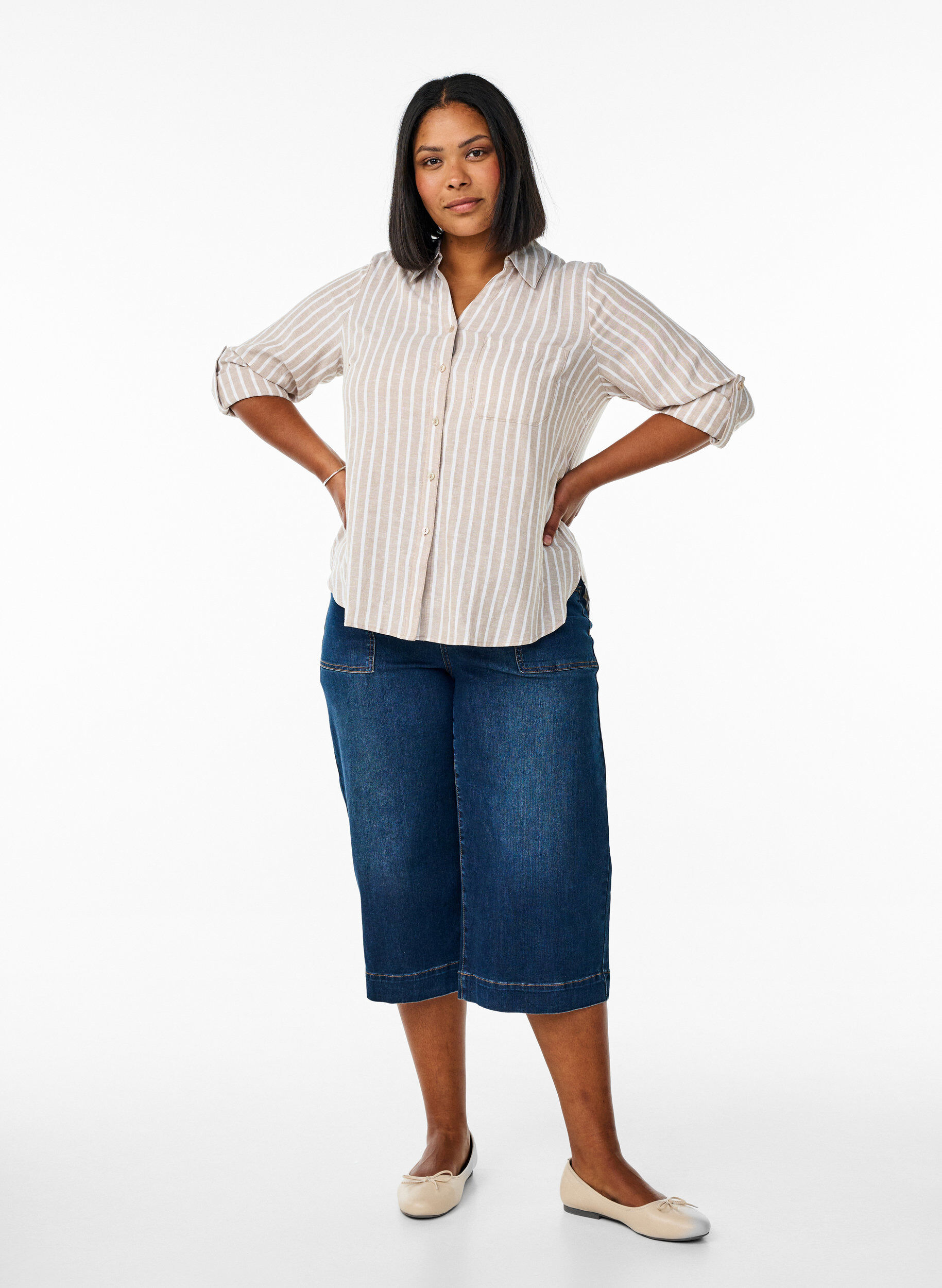 Zizzi Koszula z lnu i wiskozy z rekawami 3/4, Beżowy, Model image number 1