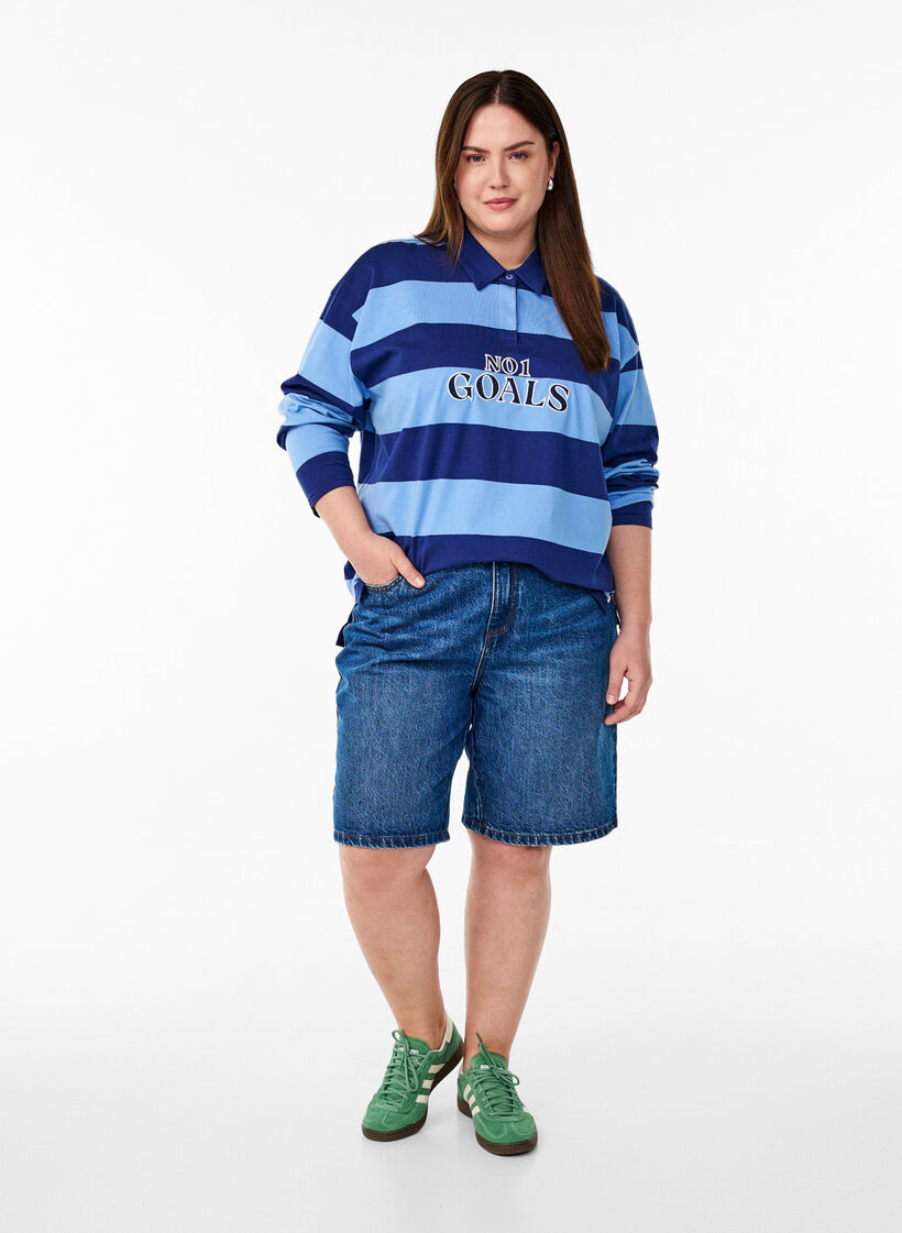 Koszula polo w paski z haftowanym tekstem, Niebieskie, Model image number 1