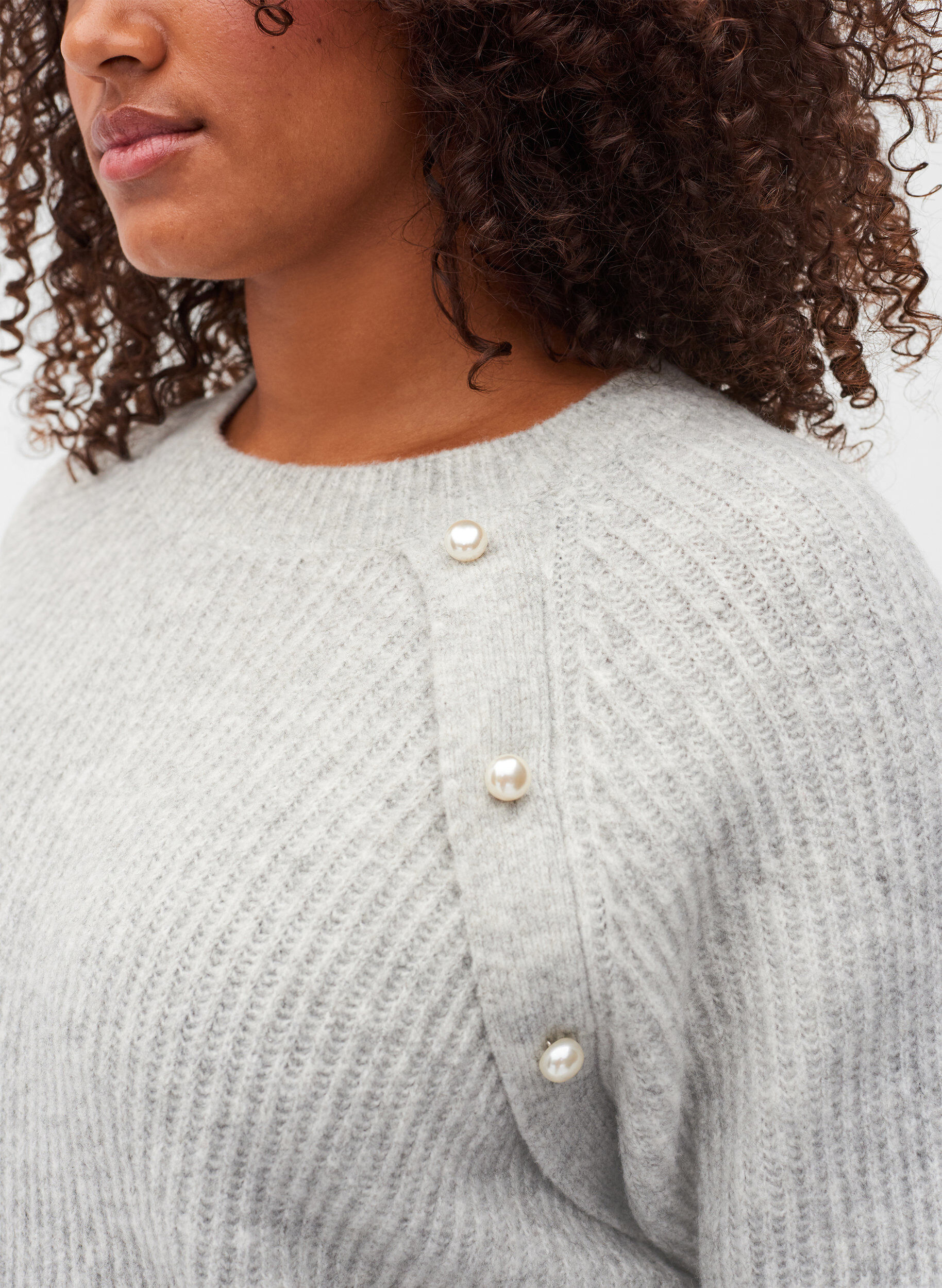 Zizzi Melange knit sweater with pearl buttons, Light Grey Melange, Model image number 2